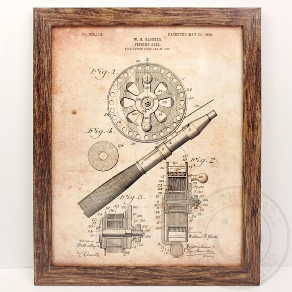 Glocker Fishing Rod Reel Rustic Patent Art Print Decor 11x14" Natural Framed - Picture 1 of 7